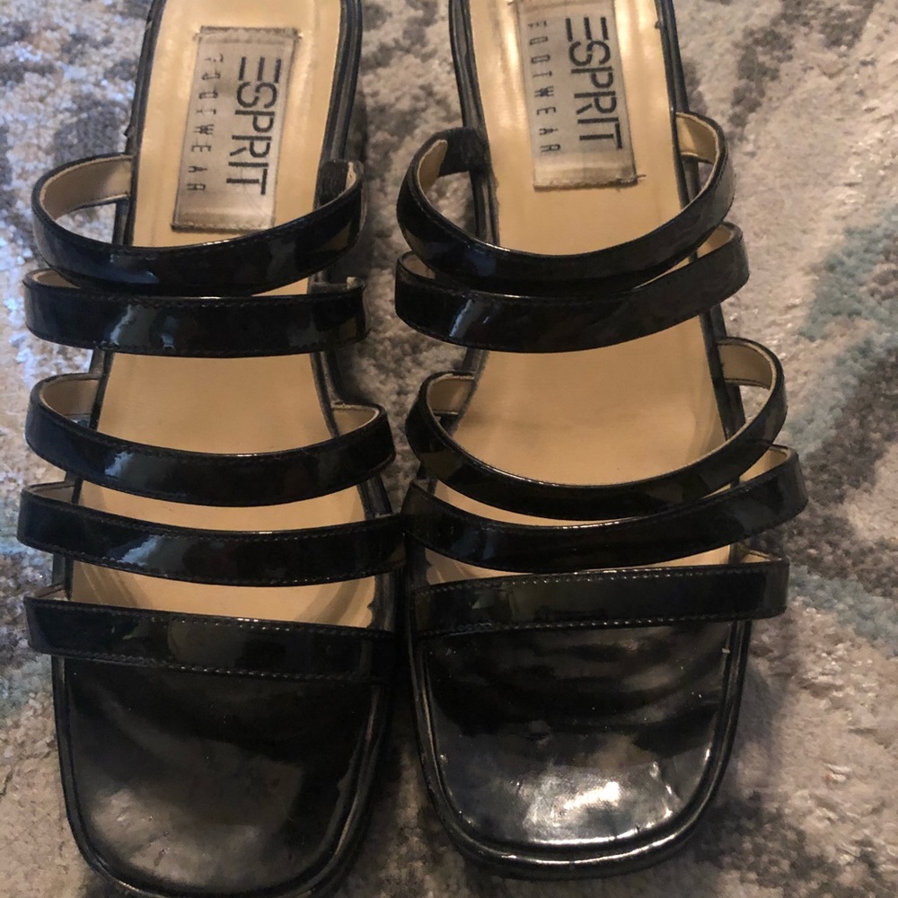 Black patent slip on shoes.